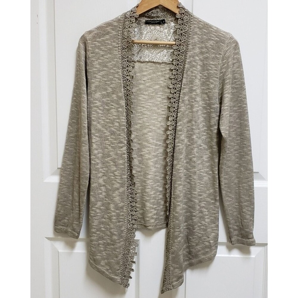 Lungo L'arno Women M Heather Beige Crochet Lace Knit Open Cardigan Sweater Italy